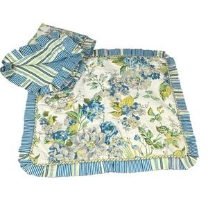 Waverly Floral Stripe Ruffle Pillow Shams Set of 2 Blue Yellow Cotton Cottage